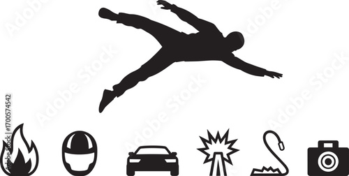 Silhouette of a Person Falling or Diving with Flames, Helmet, Car, Explosion, Camera Icons