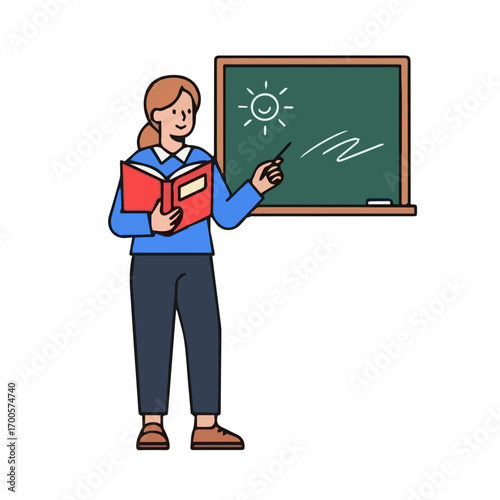 A dedicated female teacher standing in front of a green chalkboard, using a pointer to explain a lesson about the sun from a book
