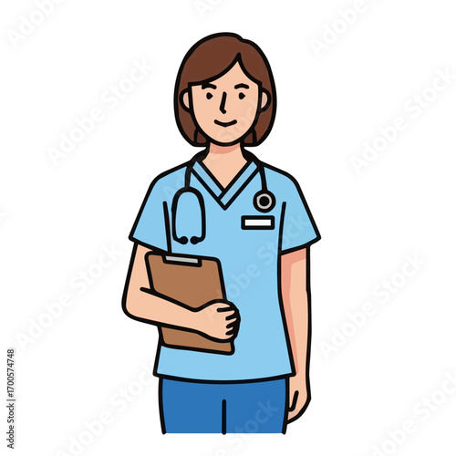 Illustration of a friendly female nurse in blue scrubs with a stethoscope and clipboard. A smiling healthcare professional or doctor character is isolated on a white background for medical concepts