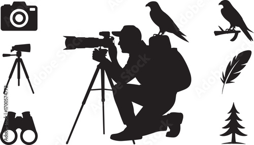 Silhouette of Wildlife Photographer with Camera, Tripod, Binoculars, and Bird Icons on Transparent