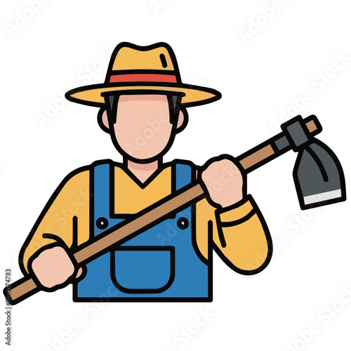 Illustrated farmer character in a straw hat and dungarees holding a hoe for farming or gardening concept
