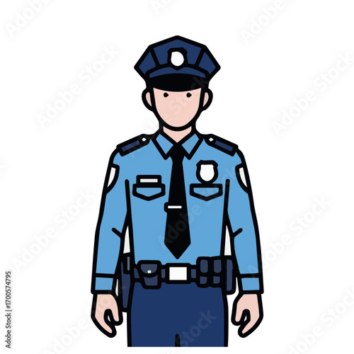 Vector illustration of a male police officer in a blue uniform standing at attention. Law enforcement professional character icon