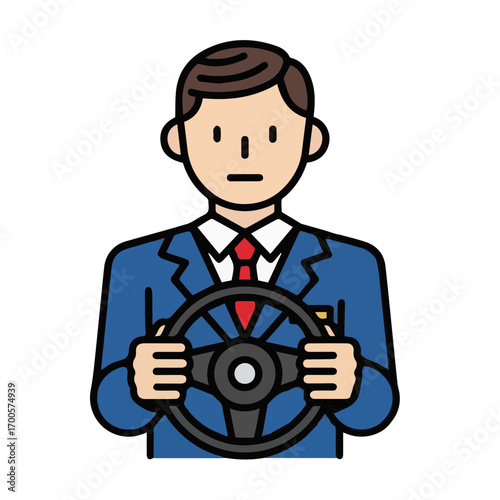 Vector illustration of a businessman in a formal suit and tie holding the steering wheel and driving a car