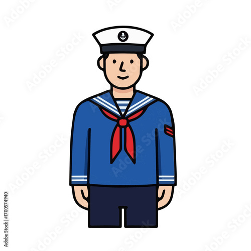 Cartoon character illustration of a smiling sailor in a traditional blue navy uniform with a classic white cap and red scarf