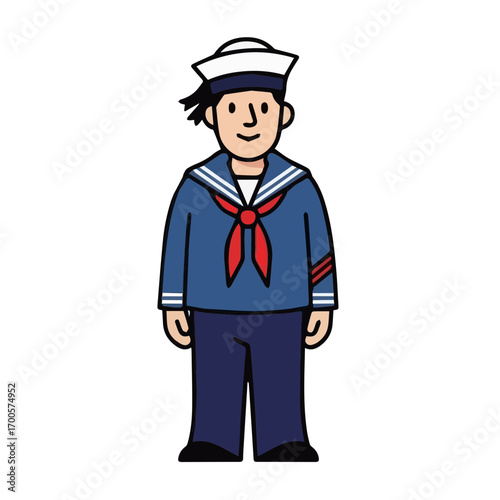 Cartoon illustration of a friendly young sailor in a classic naval uniform, a charming nautical character design