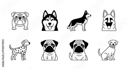 Line Art Collection of Dog Breeds Outline Silhouette Set
