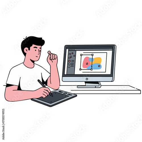 A young male illustrator at his desk, focused on creating a colorful abstract design on his computer with a graphics tablet