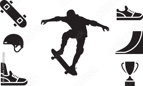 Silhouette Skateboarder with Skateboarding Elements on Transparent Background Vector