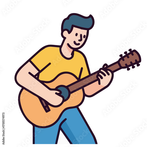 Creative expression through music, a young man strums his acoustic guitar with a smile, isolated flat vector illustration