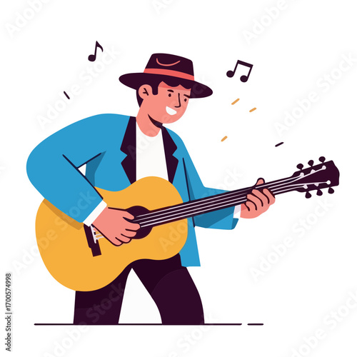 Illustration of a smiling man with a fedora hat joyfully strumming an acoustic guitar and creating music