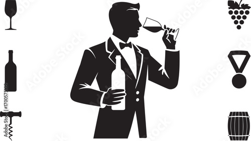 Sommelier Silhouette Tasting Beverage with Bottle, Glass, Grapes, Corkscrew and Barrel Icons