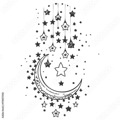 hanging moon star Ramadan illustration grey
