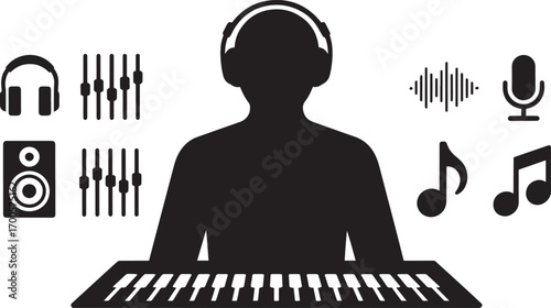 Sound Engineer Silhouette with Headphones, Mixer, Speaker, Microphone and Notes Icons