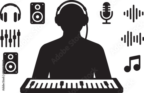 Sound Engineer Silhouette with Headphones, Mixer, Speaker, Microphone and Notes Icons