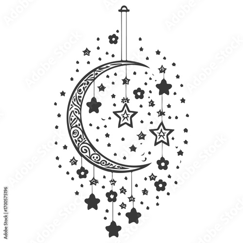 hanging moon star Ramadan illustration grey