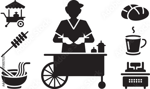 Street Food Vendor Silhouette with Cart, Noodles, Skewer, Bread, Coffee, and Cash Register Icon