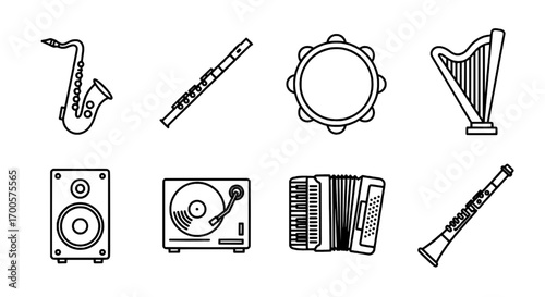 Musical Instruments Line Art Icons Saxophone, Harp, Accordion, and More