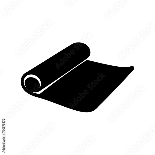 Minimalistic black and white illustration of a partially unrolled yoga mat