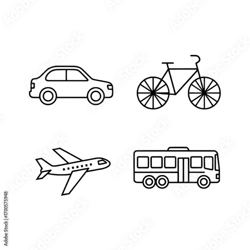 Outline Icons of Car, Bicycle, Airplane, and Bus