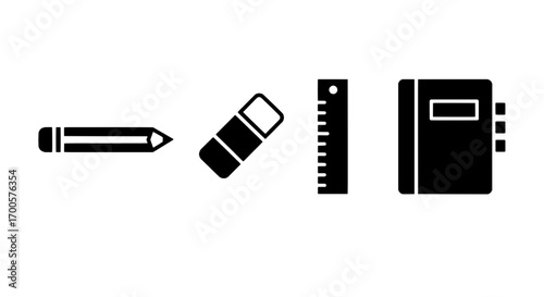 Stationery Icons Pencil, Eraser, Ruler, and Notebook in Black Silhouette