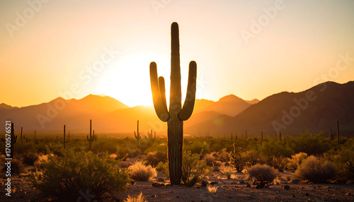 A majestic saguaro cactus stands tall, silhouetted against a breathtaking golden sunset over the vast desert landscape, with distant mountains illuminated by the warm, fading light of dusk