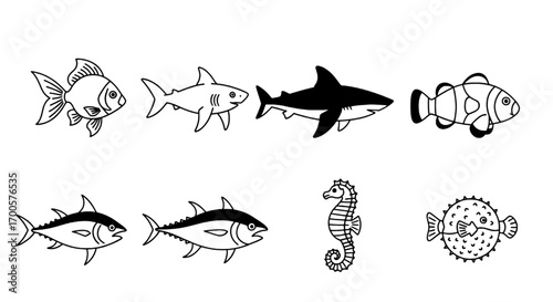 Black and White Fish Collection Illustration