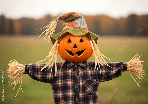 A smiling pumpkin scarecrow in a plaid shirt in a field