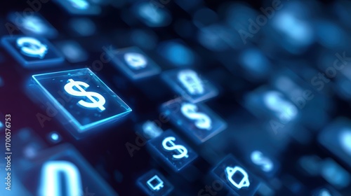An abstract background with money symbols and digital marketing icons, representing fintech.
