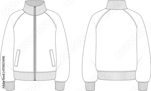Editable technical flat of a bomber jacket with raglan sleeves, zip front, ribbed collar, cuffs, and hem. Includes front and back views. For fashion design, tech packs, and production.