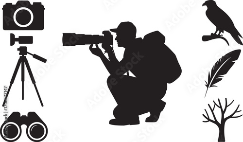 Wildlife Photographer Silhouette with Camera, Tripod, Binoculars, and Bird Icons on Clear View