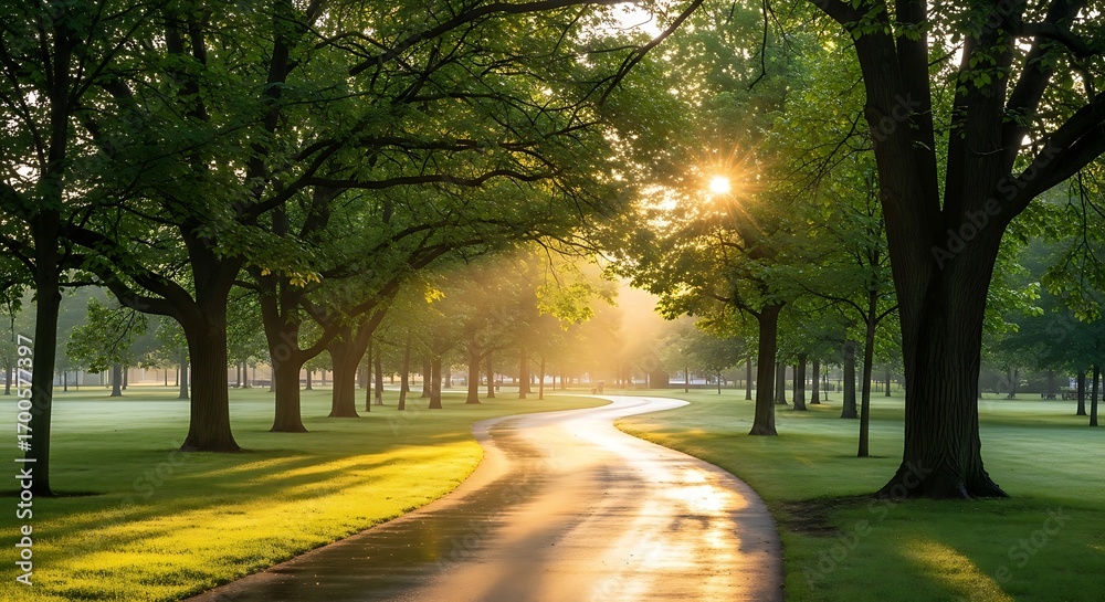 Obraz premium Sunrise Path Through Lush Trees.