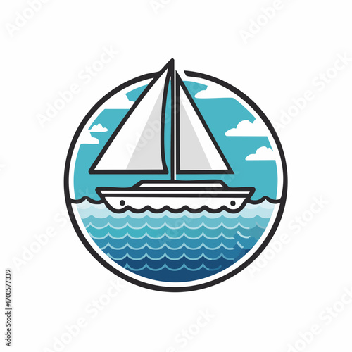 Stylized sailboat emblem floating on ocean waves, a simple circular icon representing a nautical journey and maritime adventure