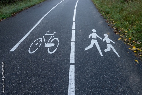 Fotografie Bicycle lane and pedestrian lane dividing white lines on asphalt road