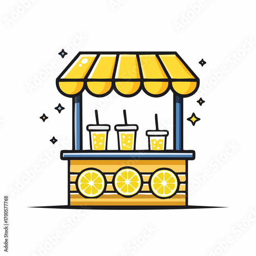 Cute cartoon lemonade stand icon with fresh citrus drinks for summer refreshment. Vector illustration of a small business stall