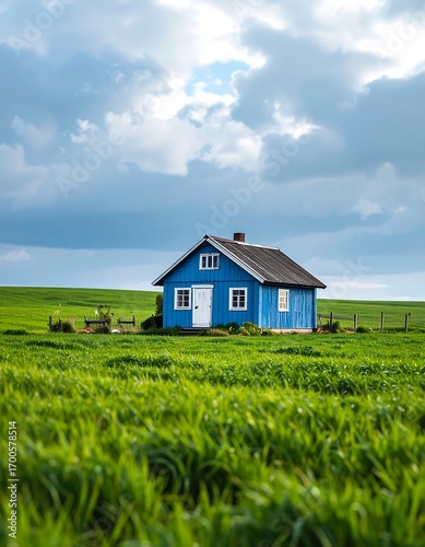 Wallpaper Mural Blue house in a grassy field under a cloudy sky Torontodigital.ca