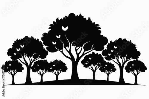 Silhouette of Forest with Trees and Leaves Isolated, Forming a Dense, Black Wooded Area