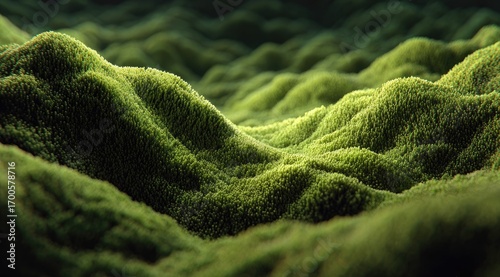 Lush, textured mossy hills. Close-up view of rolling, vibrant green moss formations