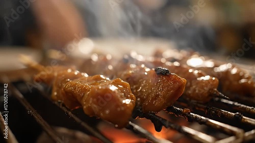 Close-up cinematic shot of delicious satay skewers grilling over hot coals with smoke rising