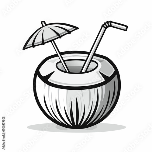 Stylized monochrome illustration of a summer coconut cocktail, perfect for beach and travel themes