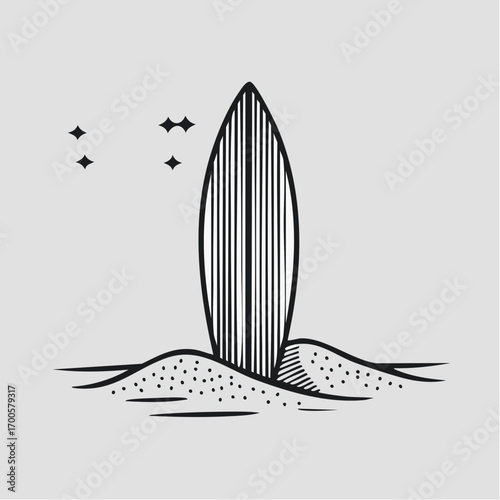 Hand-drawn surfboard sketch on a tranquil beach, a simple and elegant monochrome icon symbolizing the soul of the surfing sport