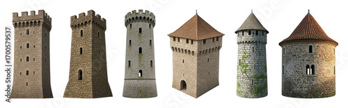 Stone castle towers set including square, round, and conical roof variants isolated. Architectural elements for historical and fantasy design.