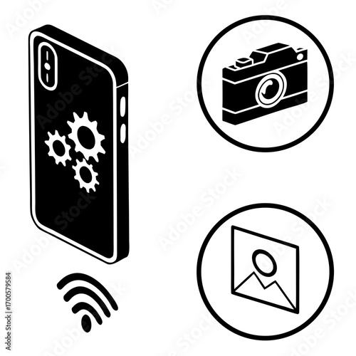 Smartphone with gears camera and photo icons and wifi signal