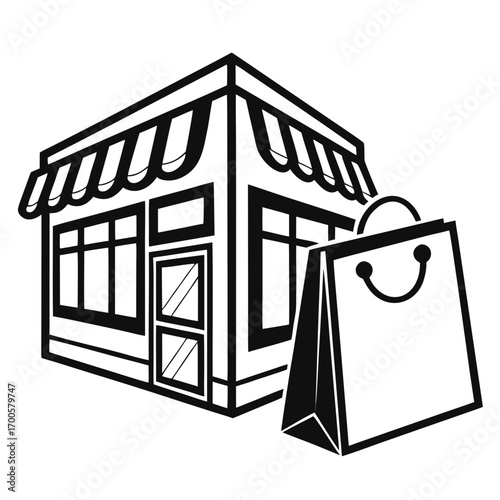 Black and white illustration of a store with a shopping bag