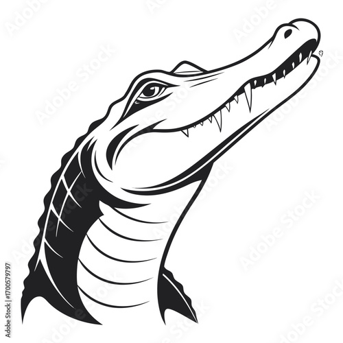 Stylized black and white alligator head illustration with sharp teeth