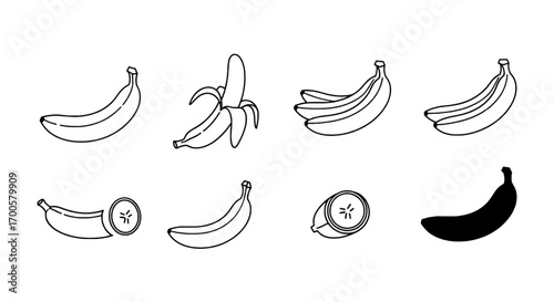 Black and White Banana Illustrations Whole, Peeled, Sliced, and Bunch Variations