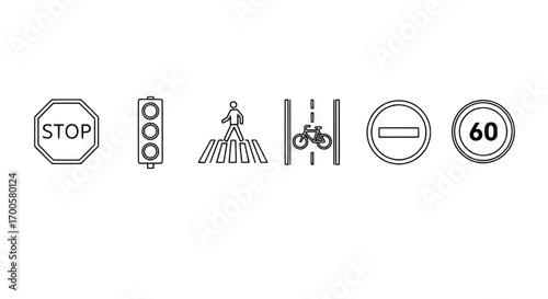 Set of minimalist line art road signs and essential traffic control symbols for urban navigation