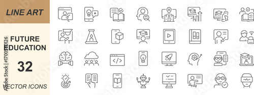 Future Education vector icon set with minimal line art designs of e-learning, virtual class, smart board, AI tutor, coding, and cloud classroom. Perfect for apps, web, study, and UI projects.
