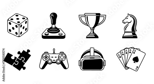 Vector icon set for gaming, strategy, and virtual reality entertainment