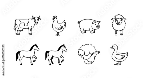 Farm Animal Icons Cow, Chicken, Pig, Sheep, Horse, and Duck