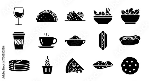 Assortment of various silhouette food and beverage icons for menus and restaurant designs